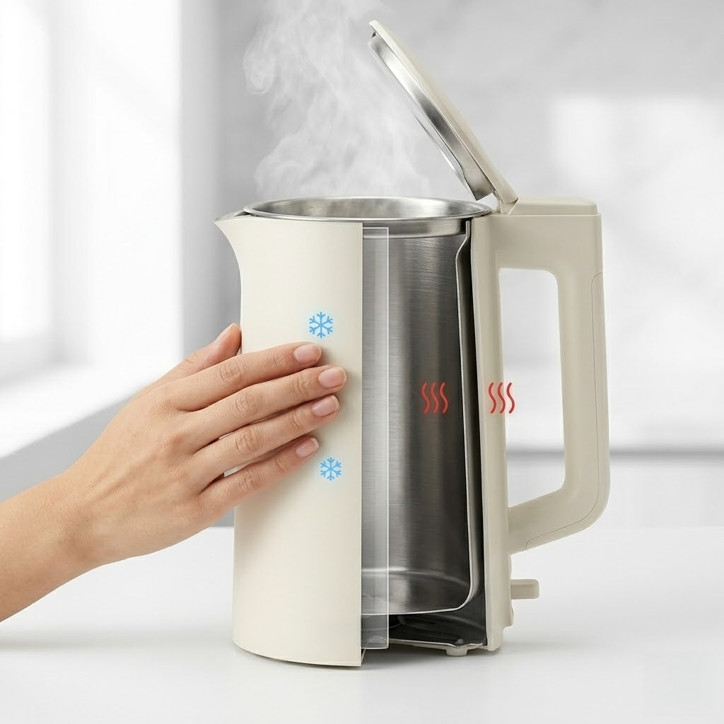 SarniePro Premium Double-Wall Electric Kettle – 1.7L Matte White, Stay-Cool Exterior, Fast & Quiet Boiling, Auto-Off & Boil-Dry Protection for Modern Kitchens