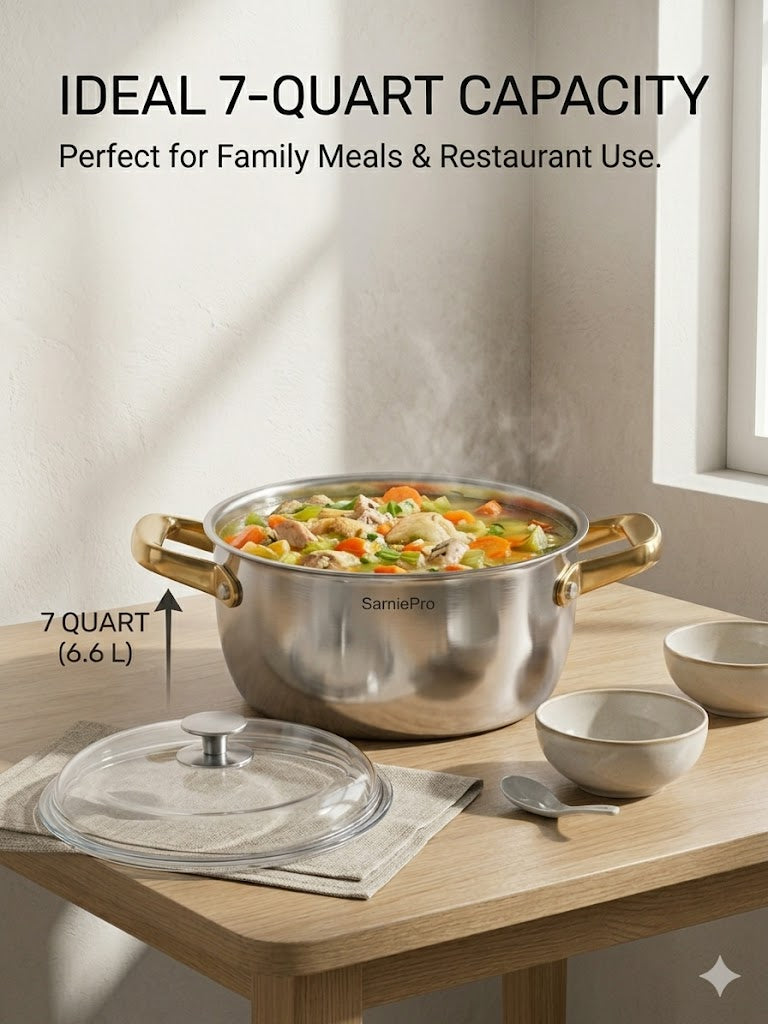SarniePro Premium Stainless Steel Stockpot with Tempered Glass Lid – Elegant Gold-Tone Riveted Handles, Induction Compatible Cooking Pot