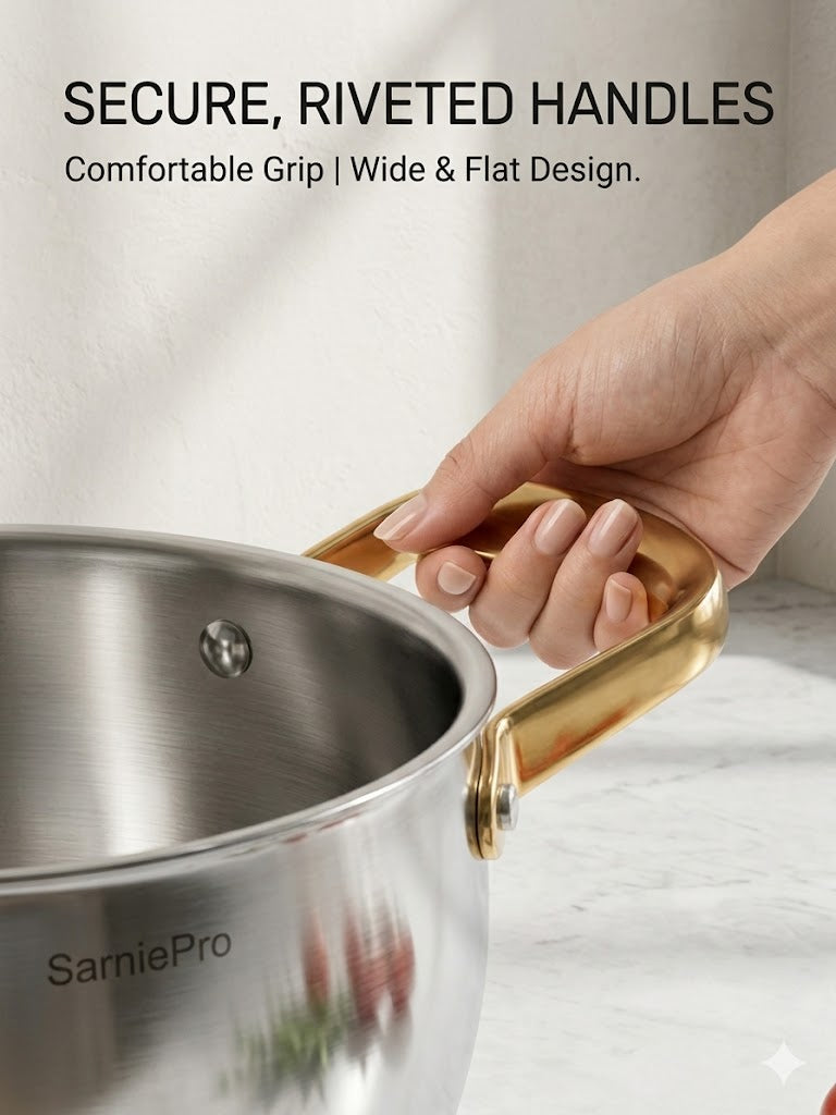 SarniePro Premium Stainless Steel Stockpot with Tempered Glass Lid – Elegant Gold-Tone Riveted Handles, Induction Compatible Cooking Pot