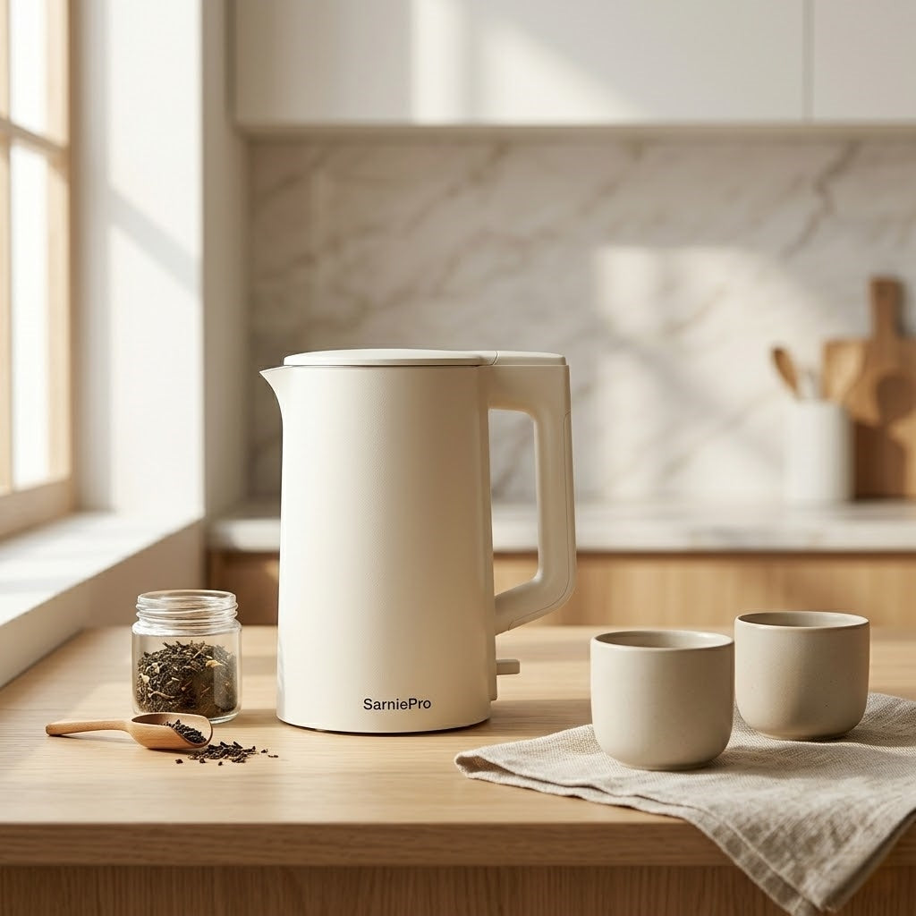 SarniePro Premium Double-Wall Electric Kettle – 1.7L Matte White, Stay-Cool Exterior, Fast & Quiet Boiling, Auto-Off & Boil-Dry Protection for Modern Kitchens