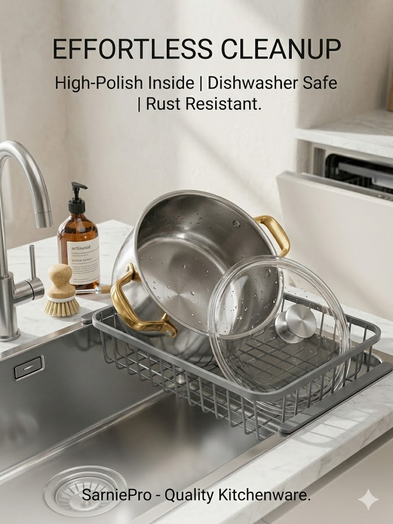 SarniePro Premium Stainless Steel Stockpot with Tempered Glass Lid – Elegant Gold-Tone Riveted Handles, Induction Compatible Cooking Pot