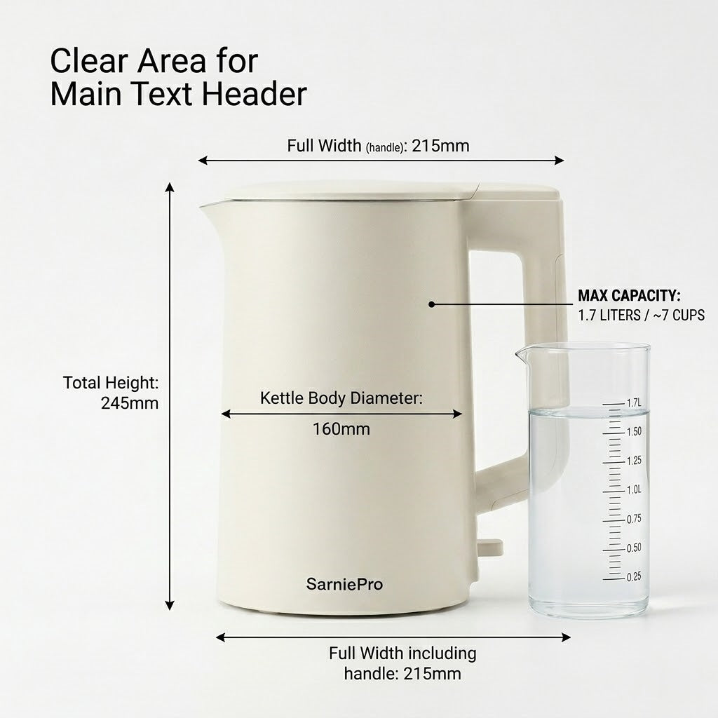 SarniePro Premium Double-Wall Electric Kettle – 1.7L Matte White, Stay-Cool Exterior, Fast & Quiet Boiling, Auto-Off & Boil-Dry Protection for Modern Kitchens