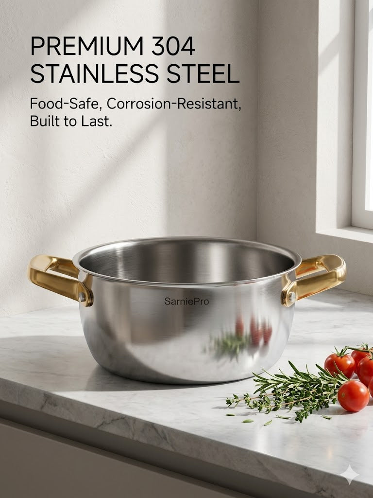 SarniePro Premium Stainless Steel Stockpot with Tempered Glass Lid – Elegant Gold-Tone Riveted Handles, Induction Compatible Cooking Pot
