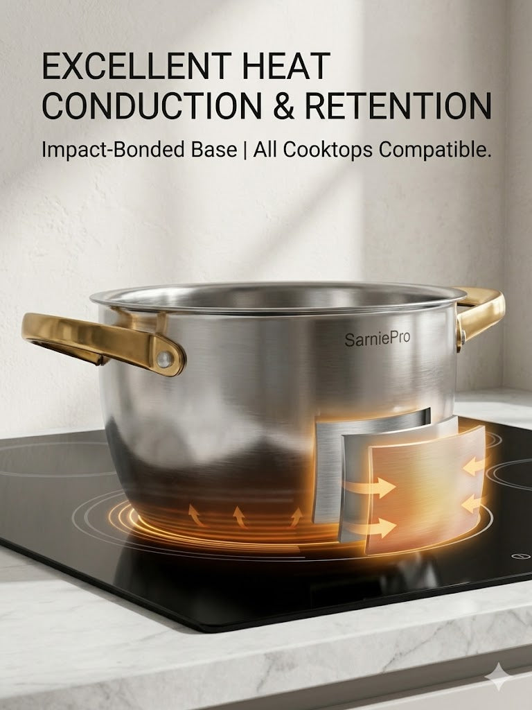 SarniePro Premium Stainless Steel Stockpot with Tempered Glass Lid – Elegant Gold-Tone Riveted Handles, Induction Compatible Cooking Pot