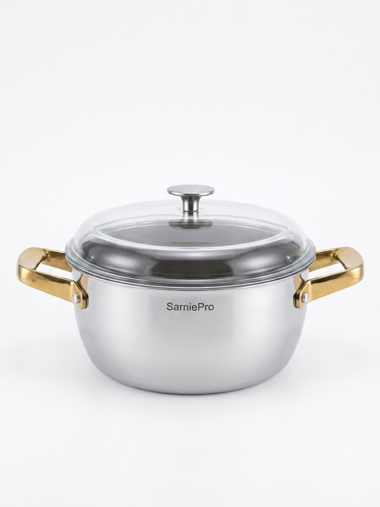 SarniePro Premium Stainless Steel Stockpot with Tempered Glass Lid – Elegant Gold-Tone Riveted Handles, Induction Compatible Cooking Pot