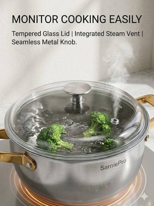SarniePro Premium Stainless Steel Stockpot with Tempered Glass Lid – Elegant Gold-Tone Riveted Handles, Induction Compatible Cooking Pot