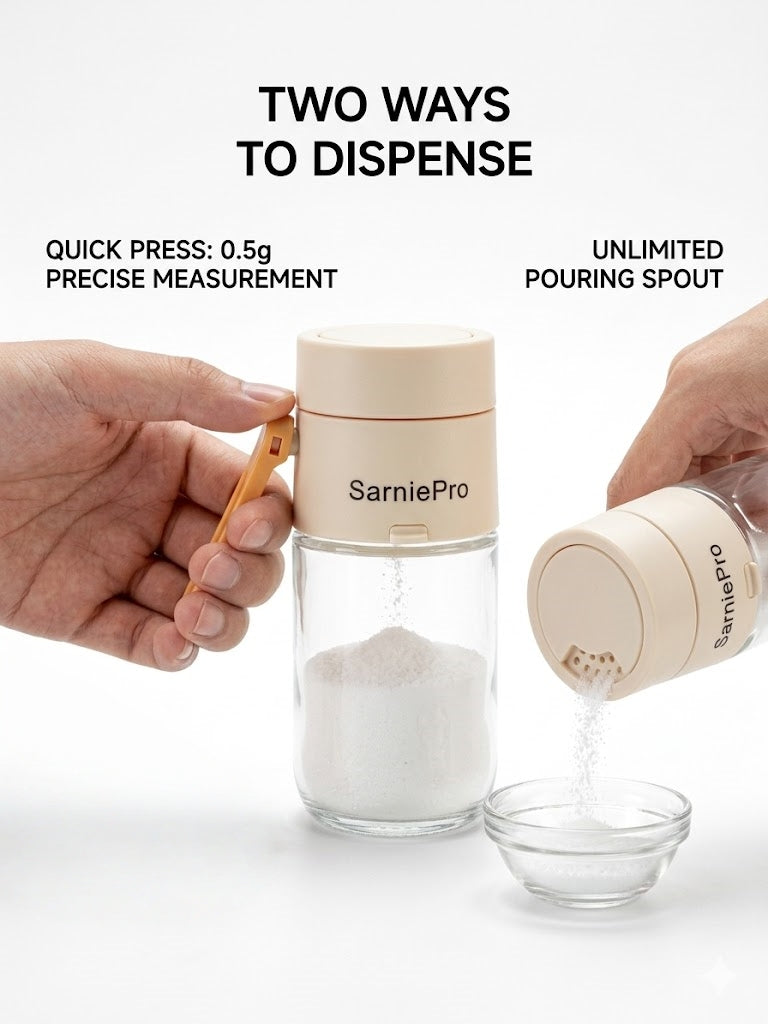 SarniePro Smart Dual-Dispense Salt Shaker – One-Press 0.5g Measuring & Free-Pour Seasoning Bottle
