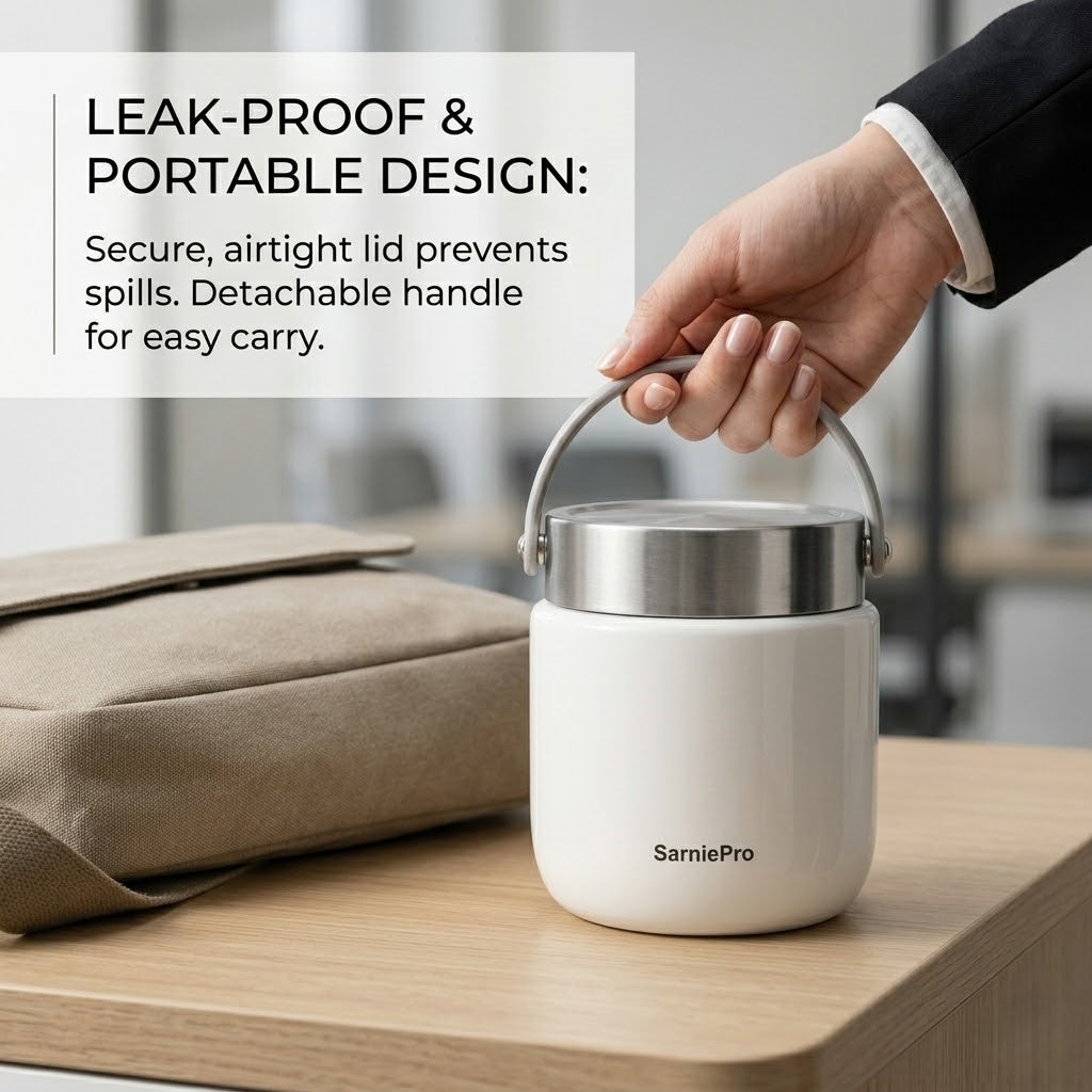 SarniePro Vacuum Insulated Food Jar – 304 Stainless Steel Leakproof Lunch Container for Hot & Cold Meals